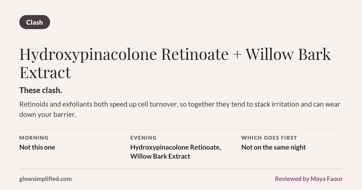 Hydroxypinacolone Retinoate and Willow Bark Extract: Clash. These clash. Retinoids and exfoliants both speed up cell turnover, so together they tend to stack irritation and can wear down your barrier. Which goes first: Not on the same night.
