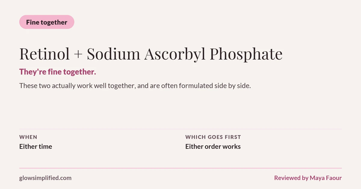 Retinol and Sodium Ascorbyl Phosphate: Fine together. They're fine together. These two actually work well together, and are often formulated side by side. Which goes first: Either order works.