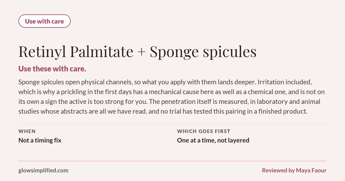 Retinyl Palmitate and Sponge spicules: Use with care. Use these with care. Sponge spicules open physical channels, so what you apply with them lands deeper. Irritation included, which is why a prickling in the first days has a mechanical cause here as well as a chemical one, and is not on its own a sign the active is too strong for you. The penetration itself is measured, in laboratory and animal studies whose abstracts are all we have read, and no trial has tested this pairing in a finished product. Which goes first: One at a time, not layered.