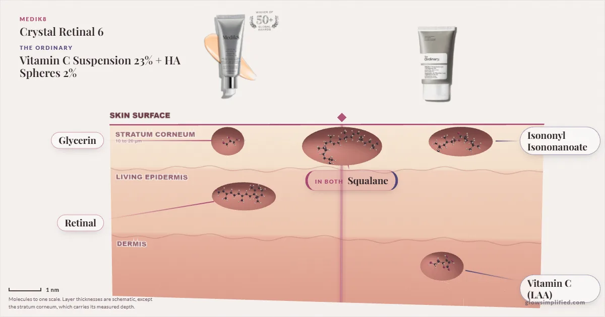 Medik8 Crystal Retinal 6 and The Ordinary Vitamin C Suspension 23% + HA Spheres 2%: their molecules drawn in one cross-section of skin, shared ingredients on the seam
