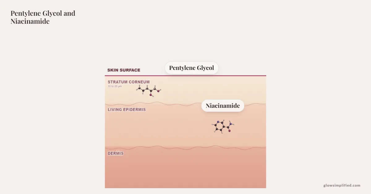 Pentylene Glycol and Niacinamide meeting on a cross-section of skin